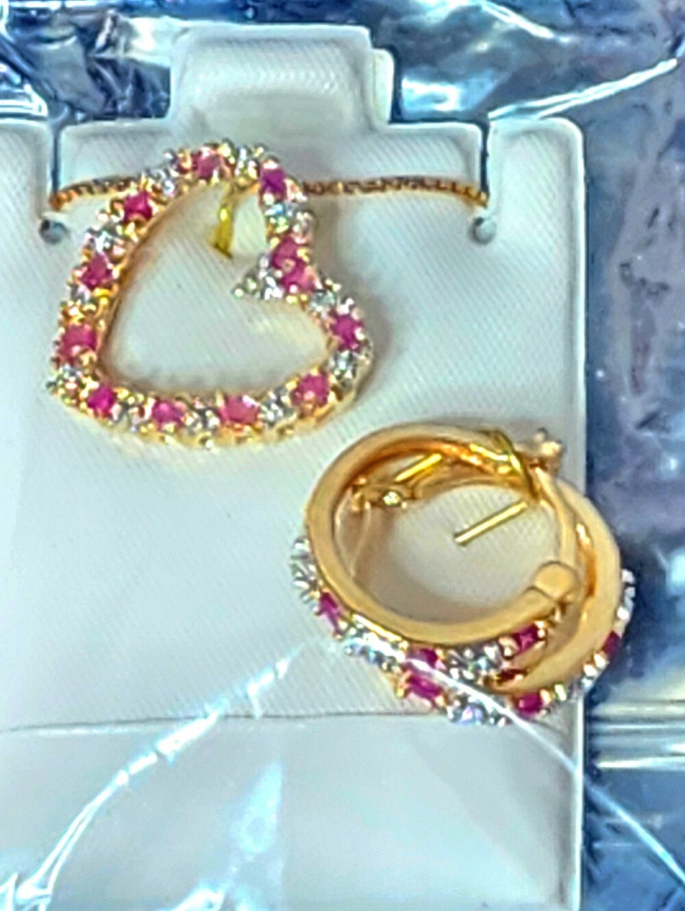 Ruby-Diamond necklace heart &  circle earrings 18k gold red & clear stones nwt - Picture 13 of 13
